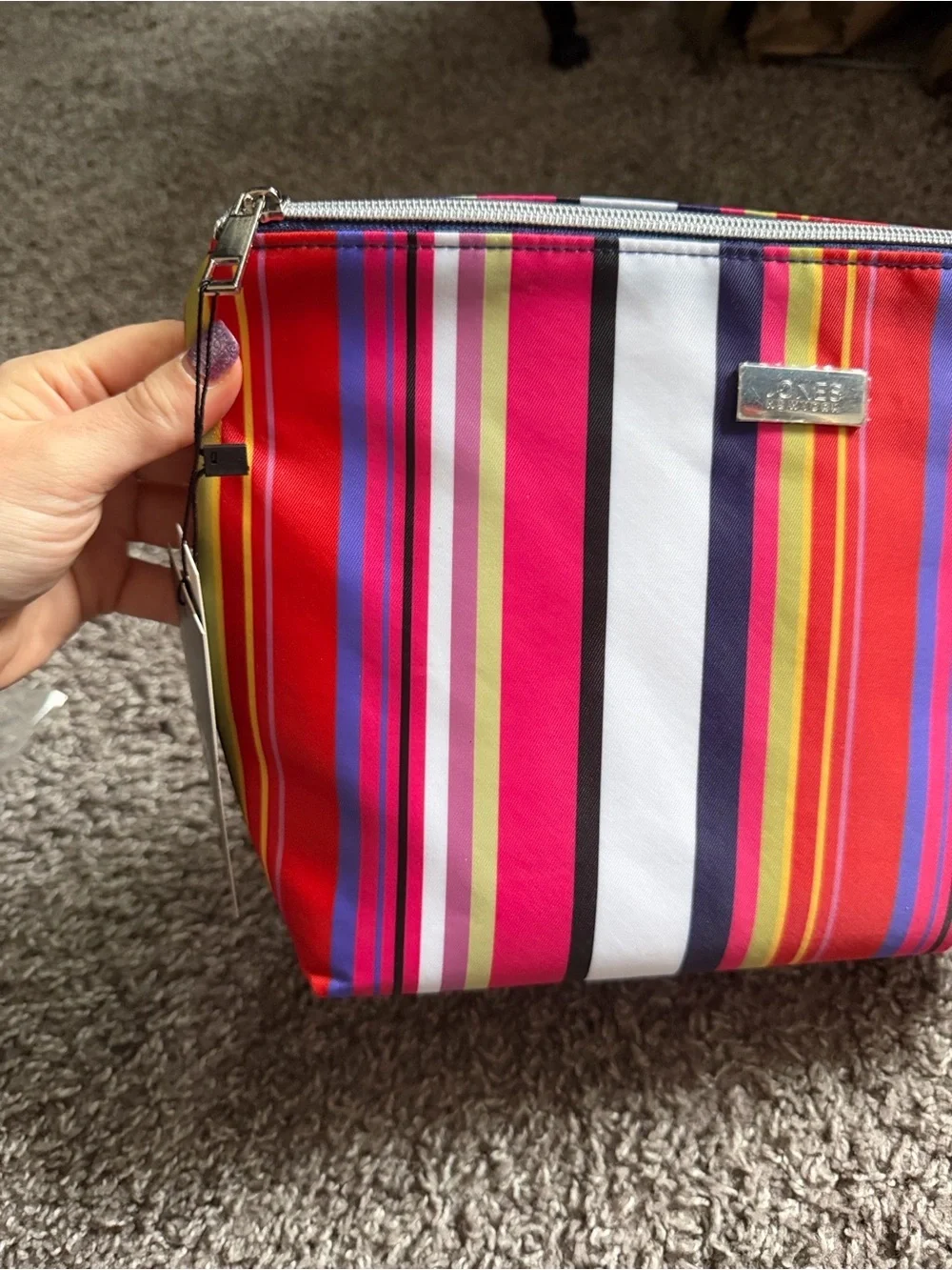 Jones New York Pink & Red Striped Cosmetic Pouch + Travel Bottle